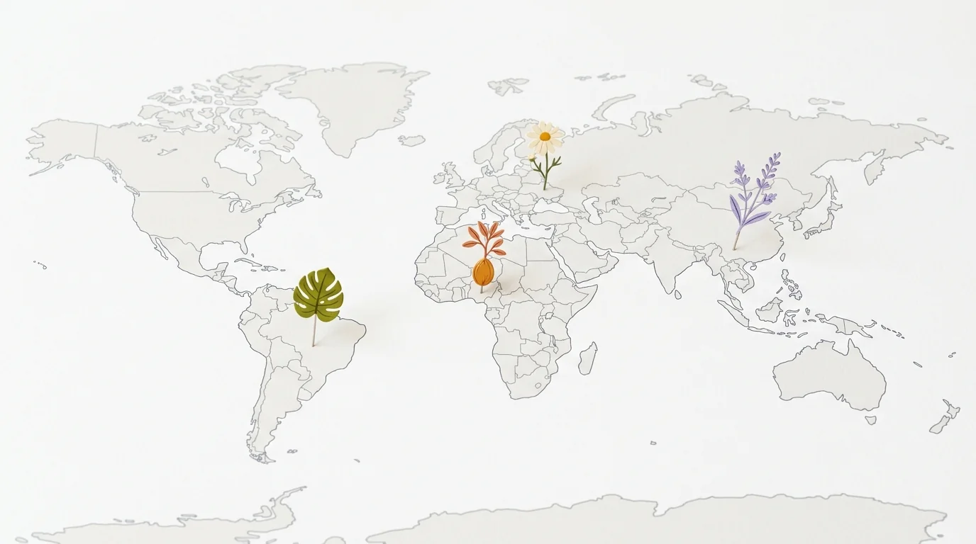 Illustrated world map showing plant extract sourcing from four continents