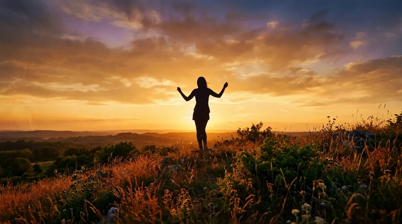 Anonymous silhouette figure at golden-hour sunset, representing an active lifestyle with everyday wellness supplement
