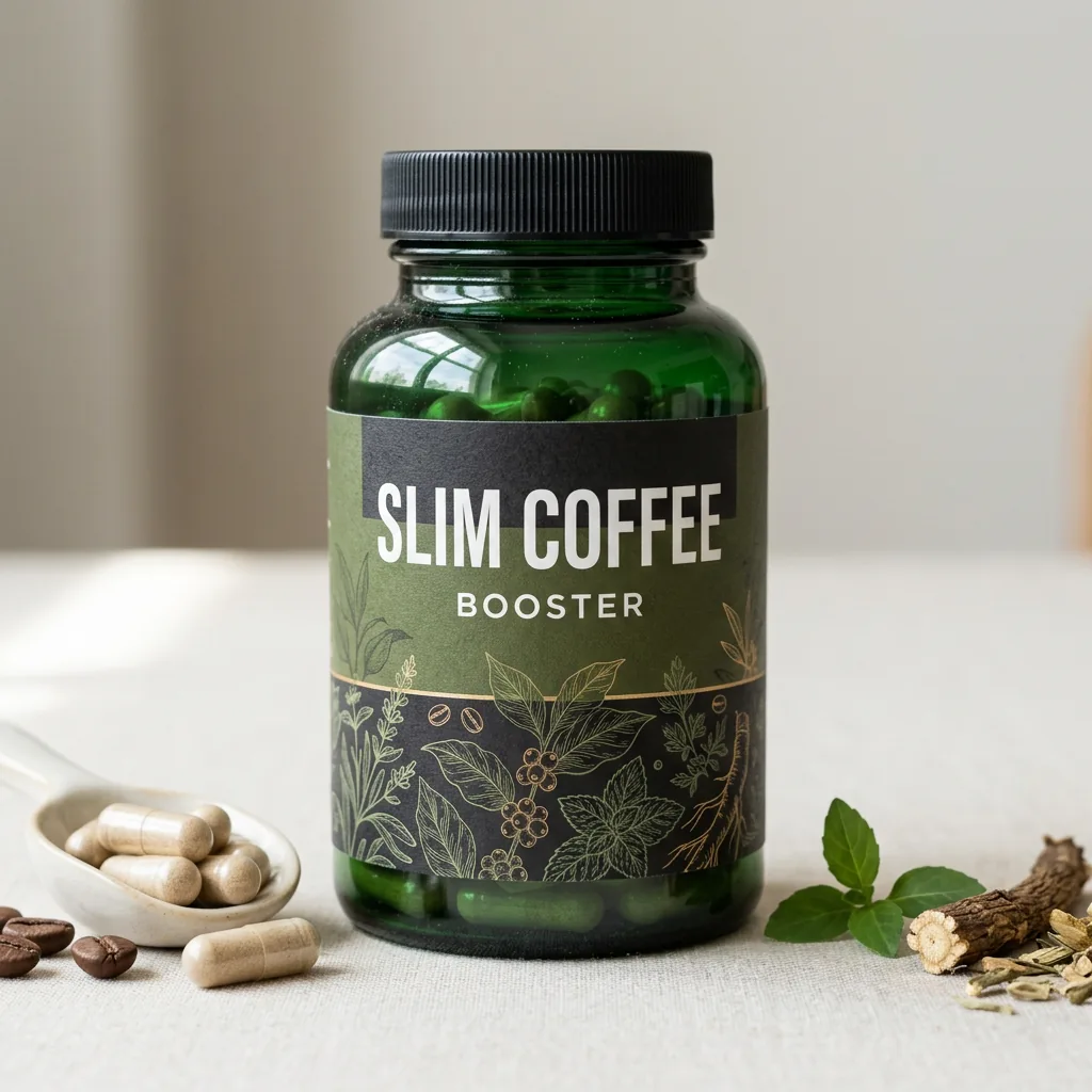 Slim Coffee Booster compact box, dark navy with cream-gold lettering, plant-based metabolism support supplement